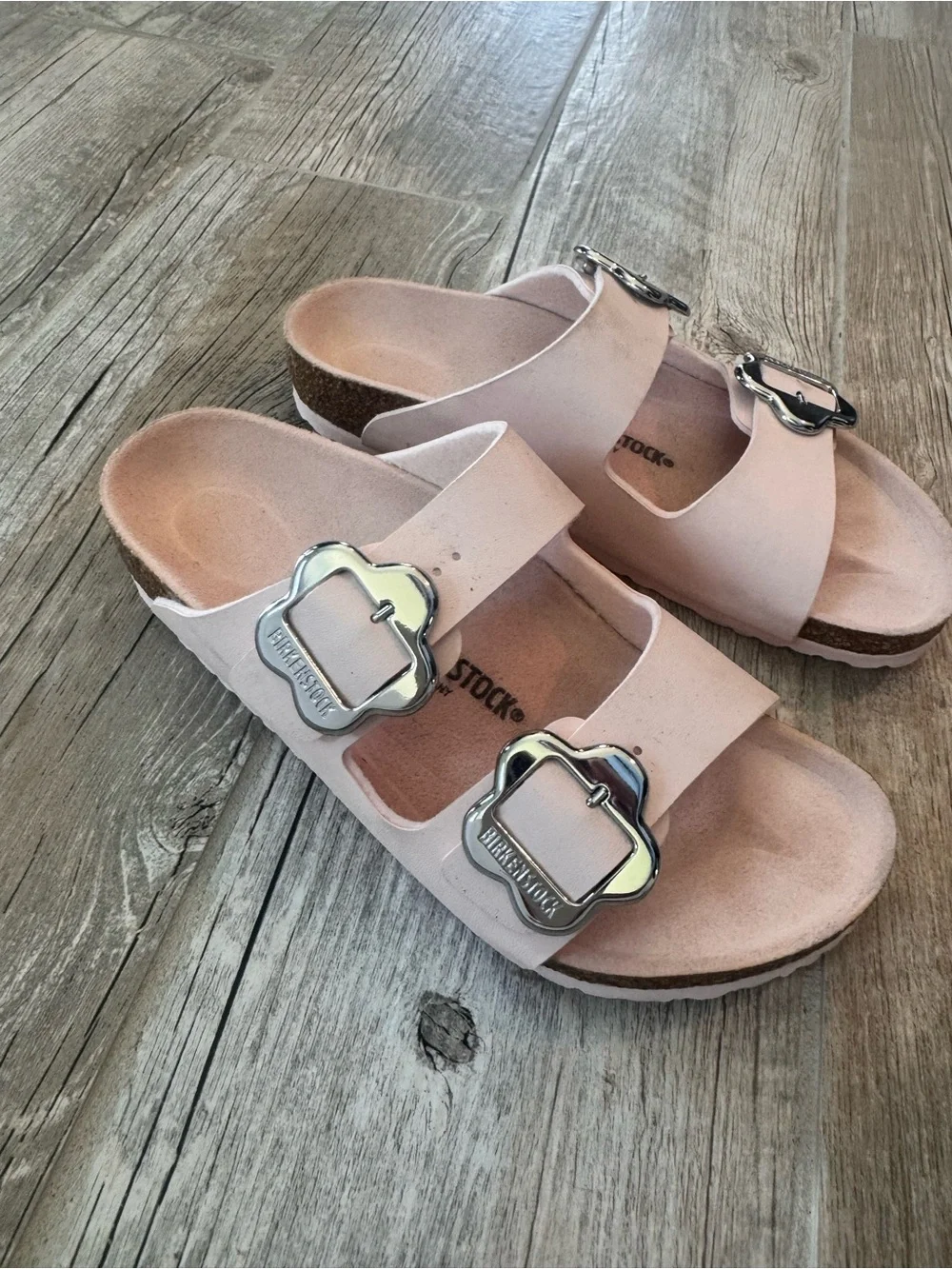 Birkenstock Girls Flower BuckleTwo-Strap Sandal in Blush Pink